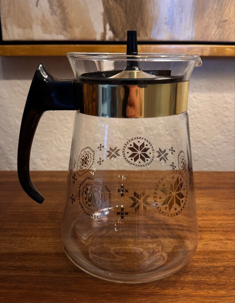 Vintage 1960s Pyrex 8-Cup Gold Snowflake Glass Coffee Carafe MCM